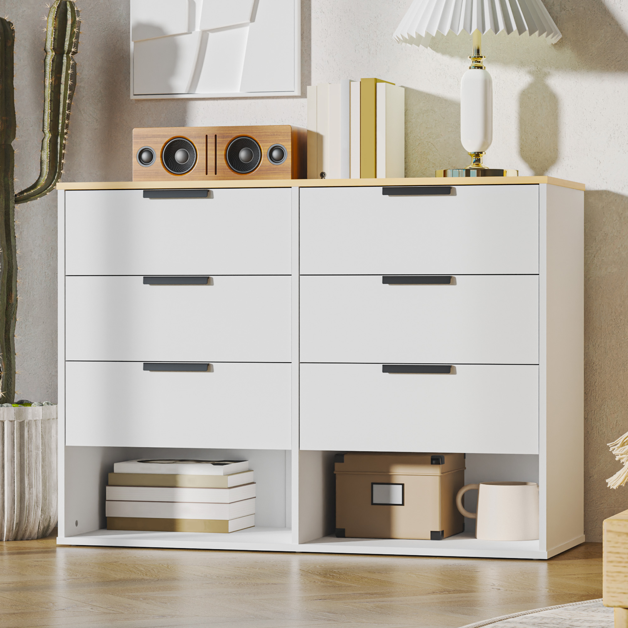 SunsGrove 6 Drawer Dresser for Bedroom, Modern Chest of Drawers, Wood Storage Dresser Cabinet for Living Room, Hallway, and Children's Room, White