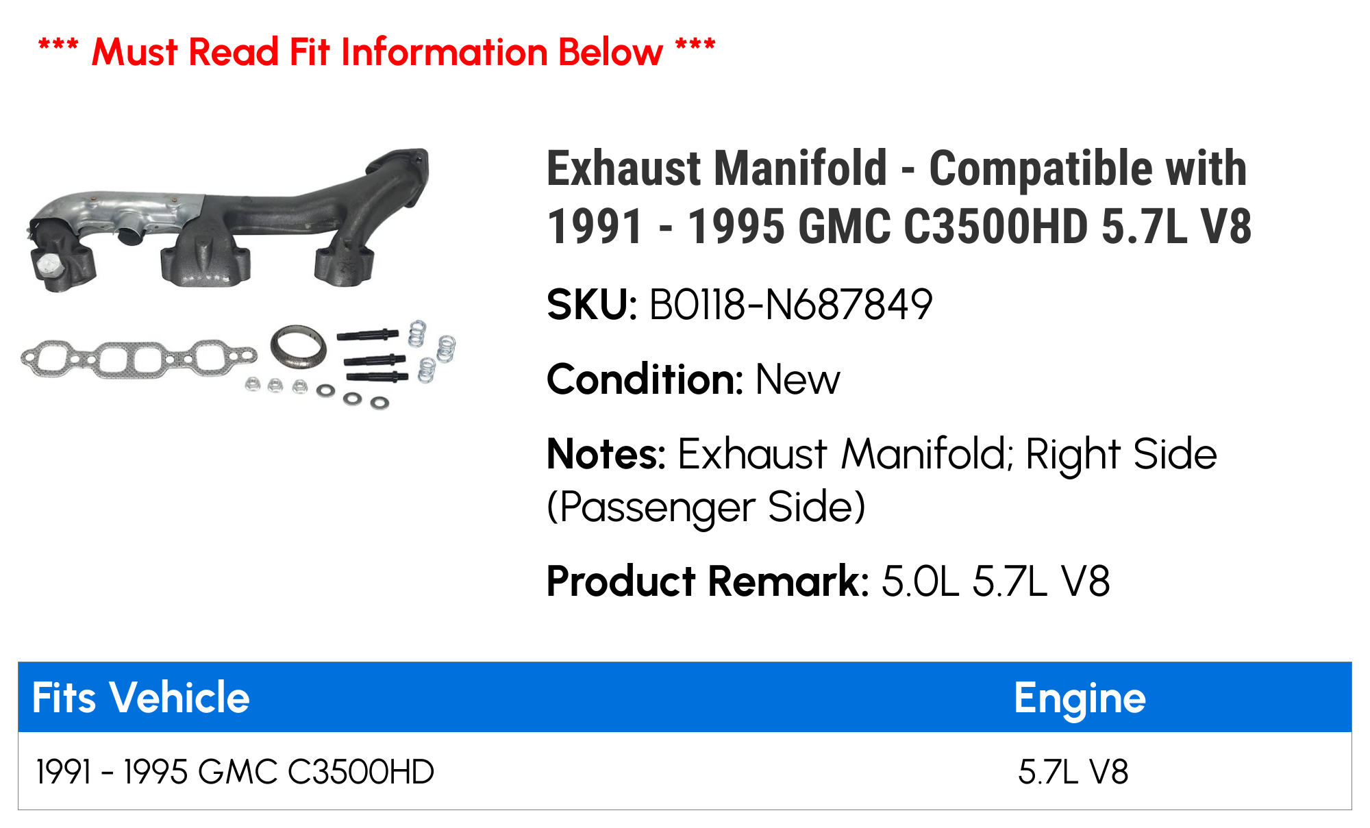 Exhaust Manifold - Compatible with 1991 - 1995 GMC C3500HD 5.7L V8 1992 1993 1994