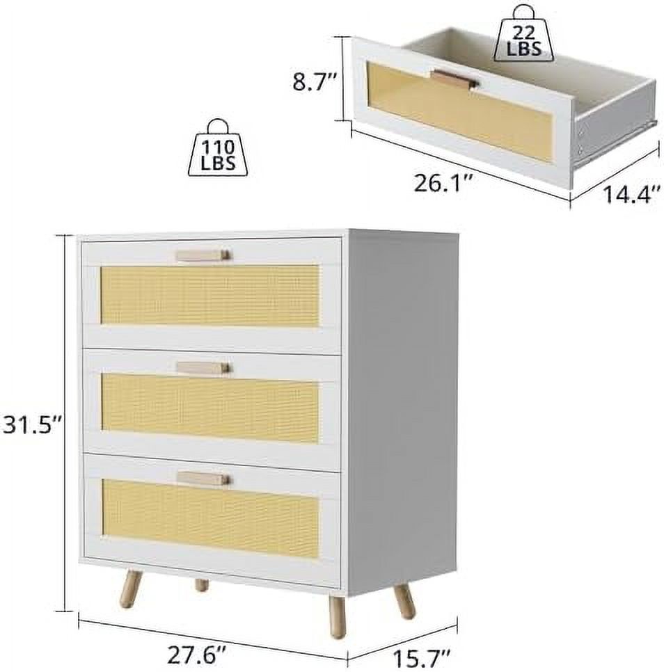 xrboomlife 3 Drawer Dresser  Rattan Modern Dresser Chest  Hobo Drawer Dresser  Closet Dresser Chest of Drawers  Mid-Century Modern Dresser as Nightstand  Black Dresser for Bedroom  Living