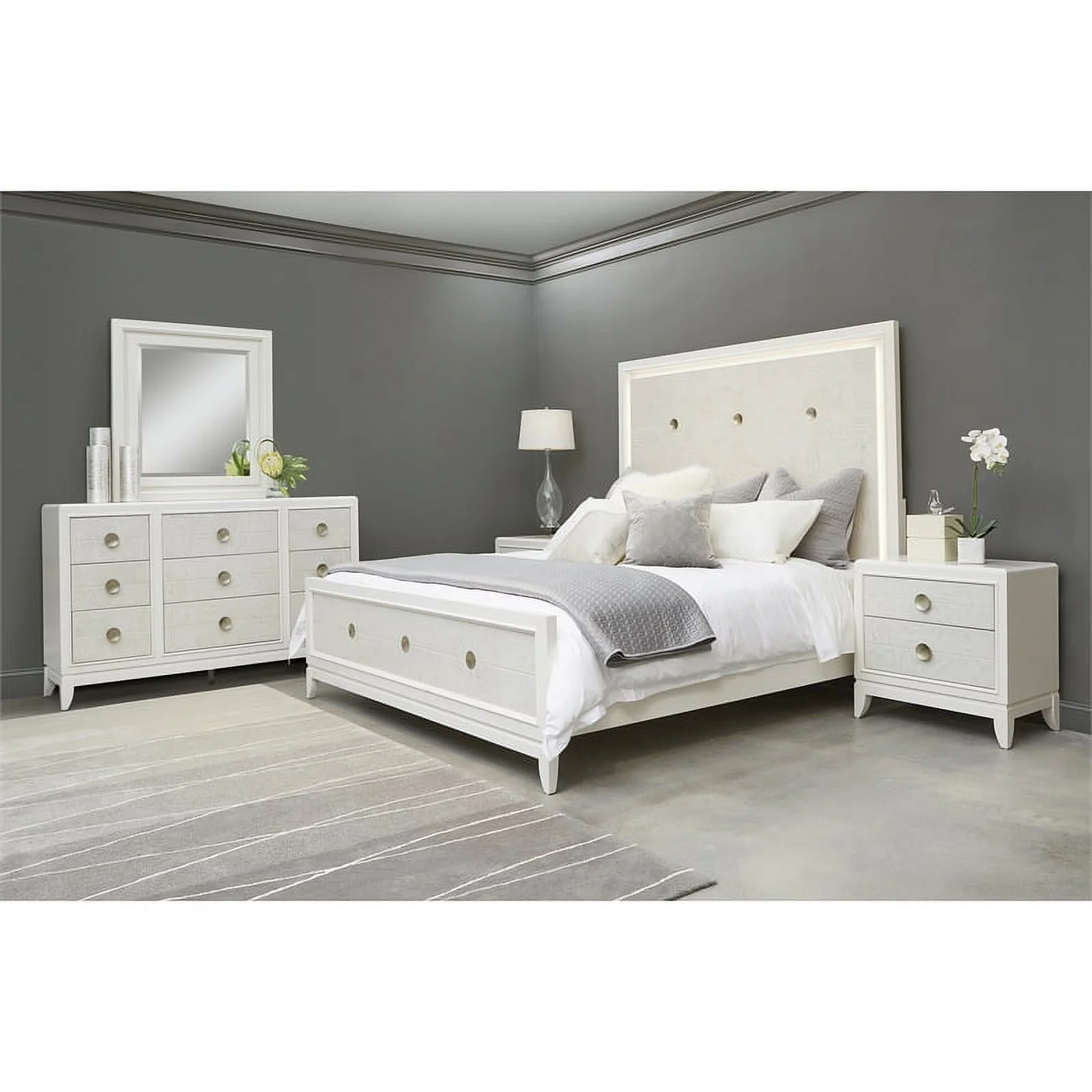 Melrose Queen Wood Panel Bed with LED Lights in White Finish by Samuel Lawrence