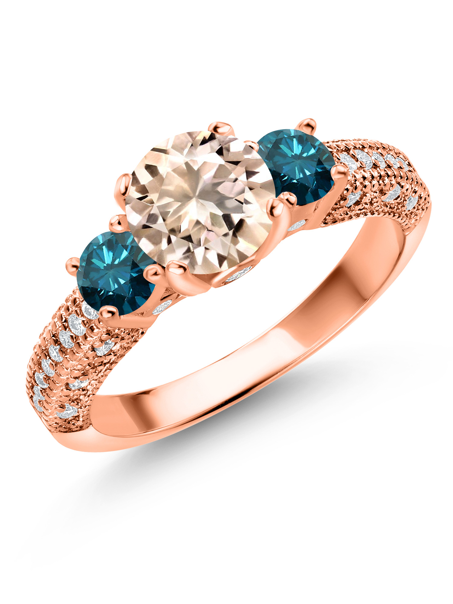 Gem Stone King 18K Rose Gold Plated Silver Peach Morganite Blue Diamond and White Moissanite Engagement Ring For Women (1.77 Cttw, Gemstone October Birthstone, Round 7MM and 4MM)