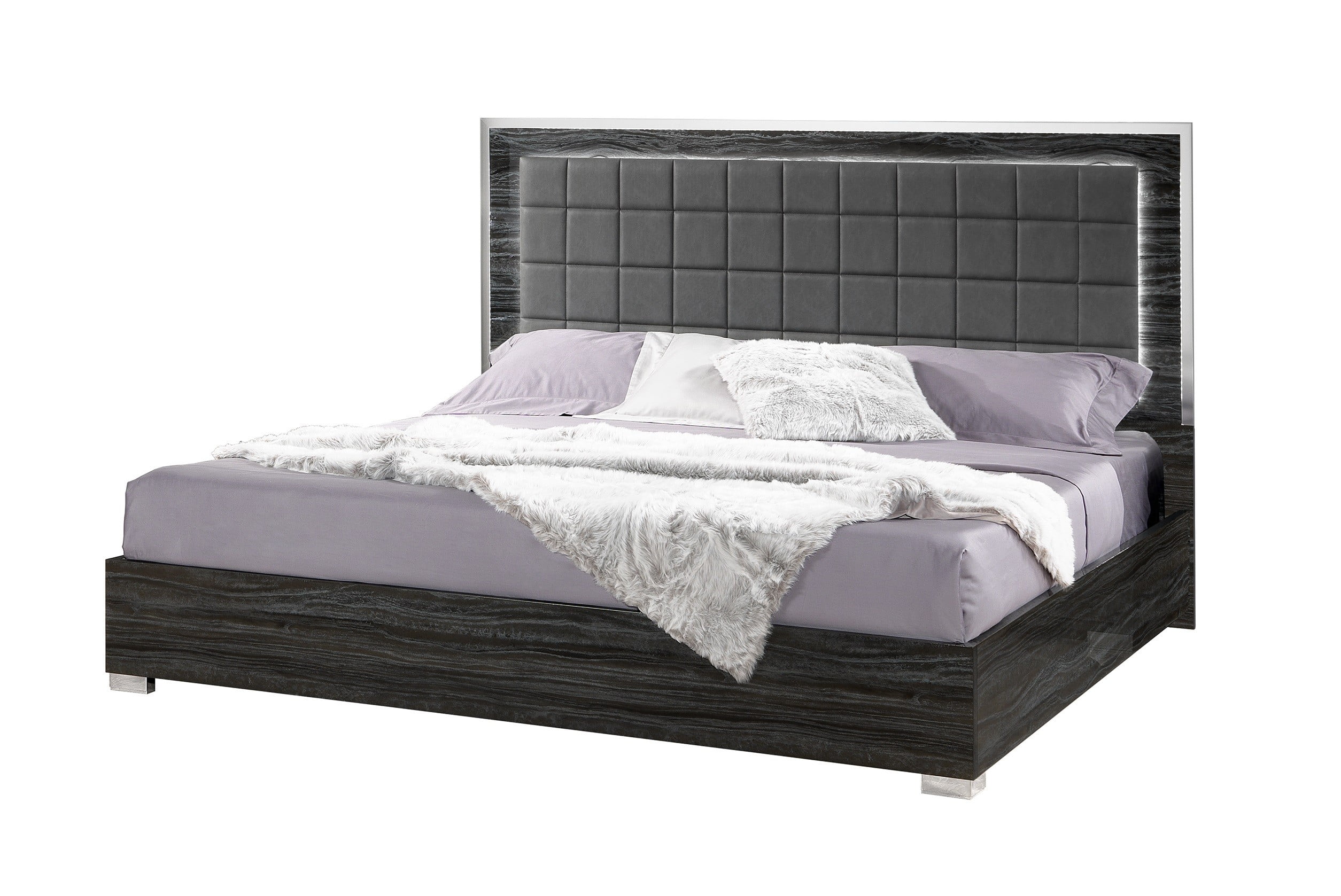 J&M Furniture Alice Bedroom Collection in Gloss Grey with 6 piece queen bed, chest, dresser, mirror and 2 nightstand, queen bedroom set
