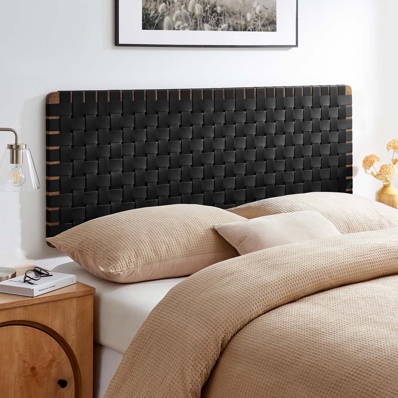 Modway Sparta Weave Wall-Mount Queen Vegan Leather Headboard in Walnut Black