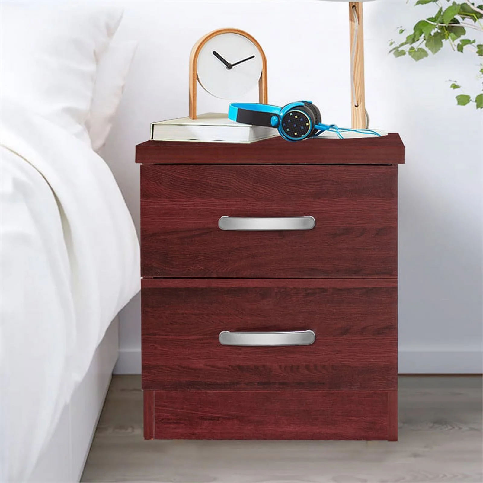 Home Square 2-Piece Set with Pine Twin Bed and 2-Drawer Nightstand in Mahogany