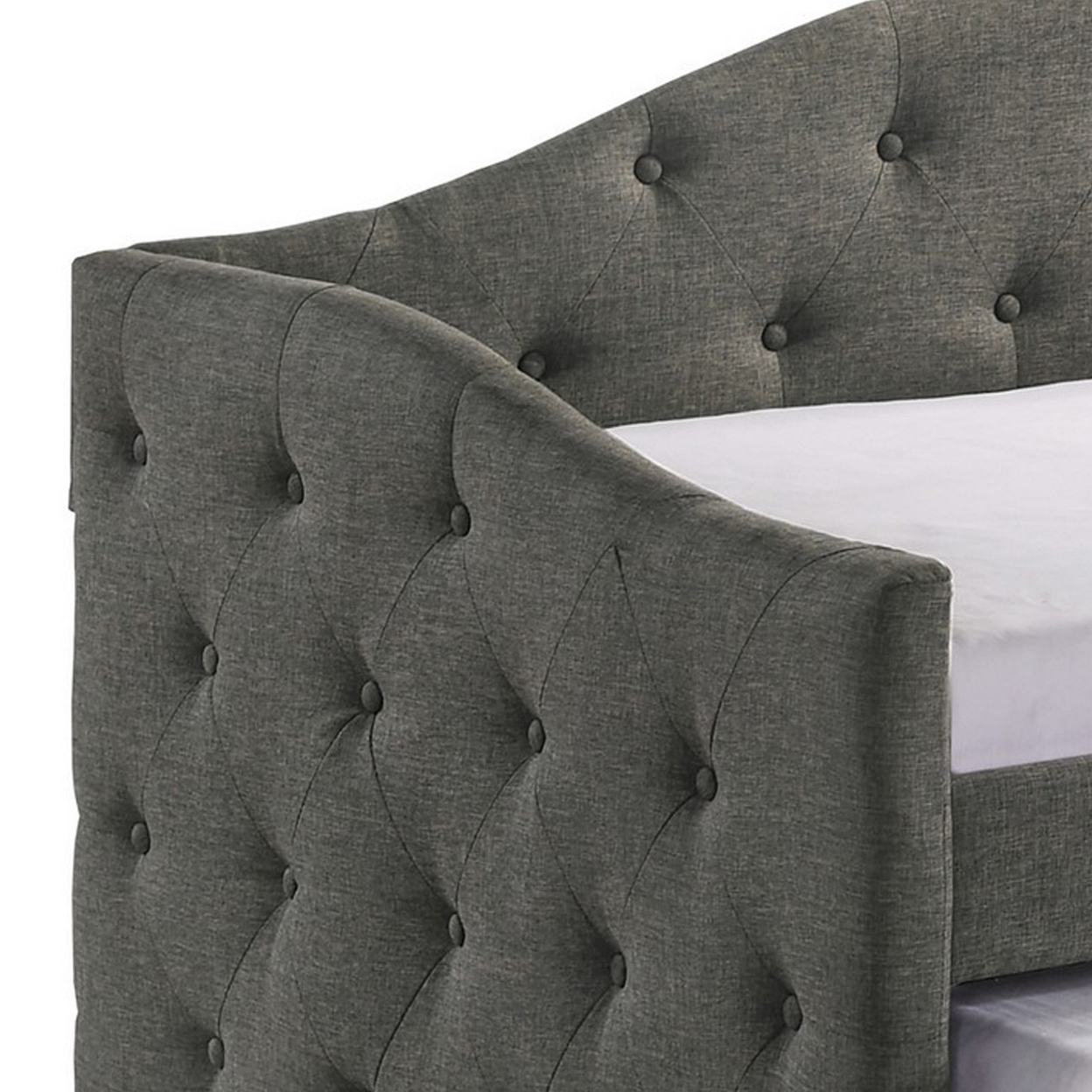 Mosh Twin Daybed with Trundle Camel Back Button Tufted Gray Upholstery- Saltoro Sherpi