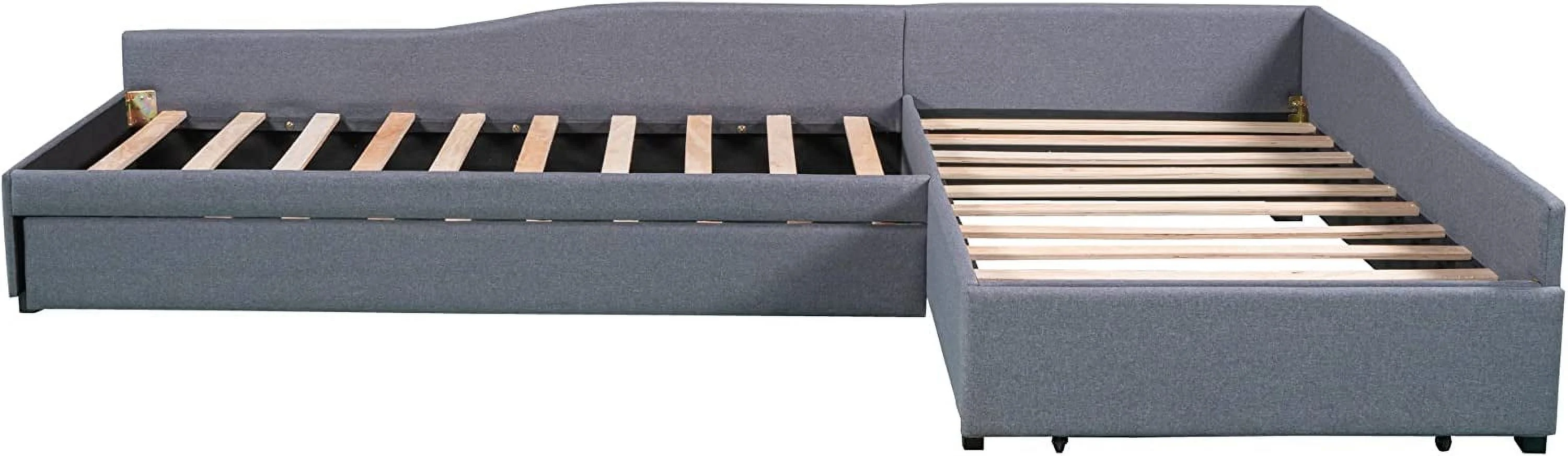 Upholstered Double Twin Size Daybed with Trundle and Storage Drawer, L-Shaped Linen Fabric Daybed Sofa Bed for Bedroom Living Room Guest Room Office