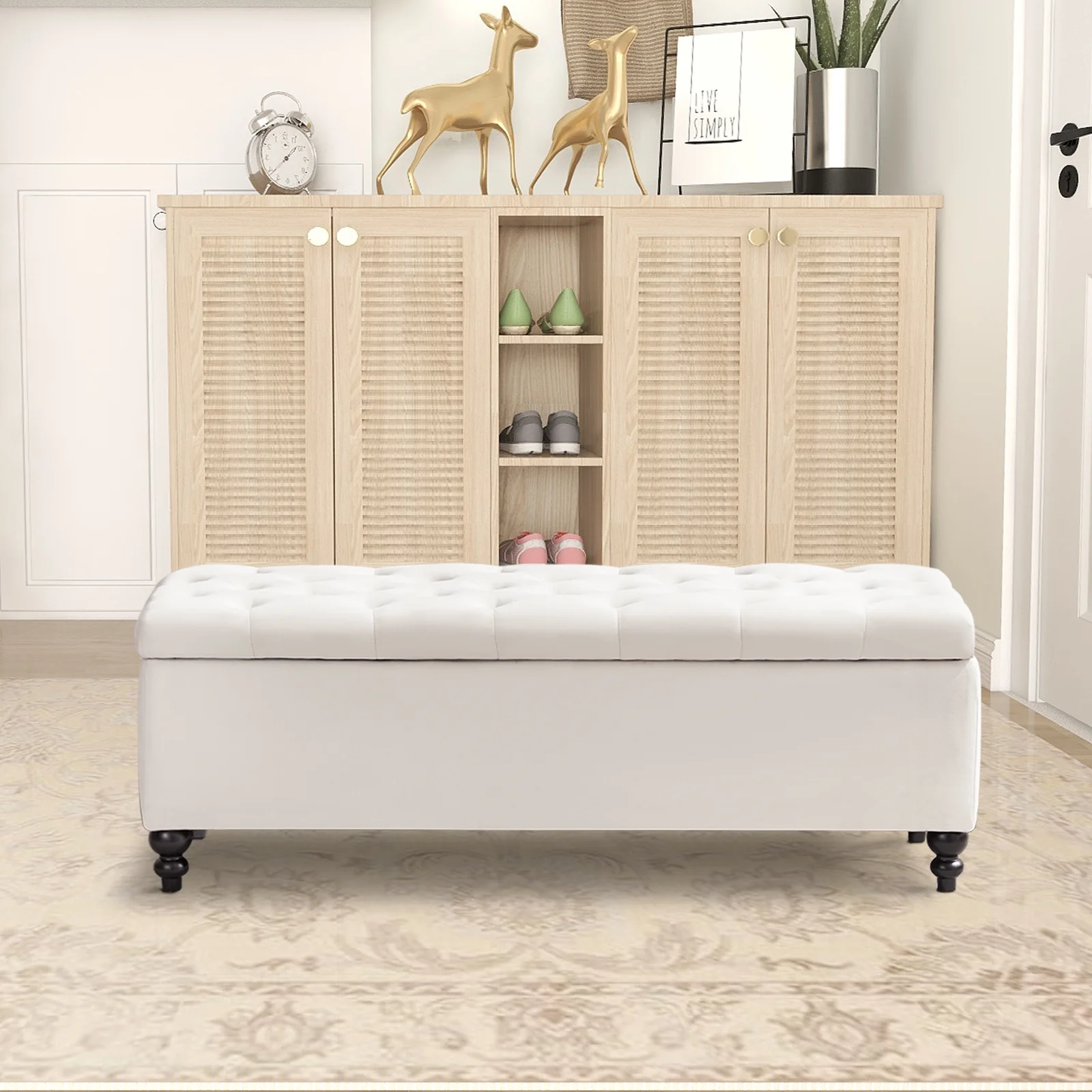 GERICCO Ottoman with Storage, 50.2 Inches Storage Ottoman Bench with Button-Tufted, Bench Ottoman in Upholstered Fabrics, Large Storage Bench for Bedroom, Living Room(Ivory)