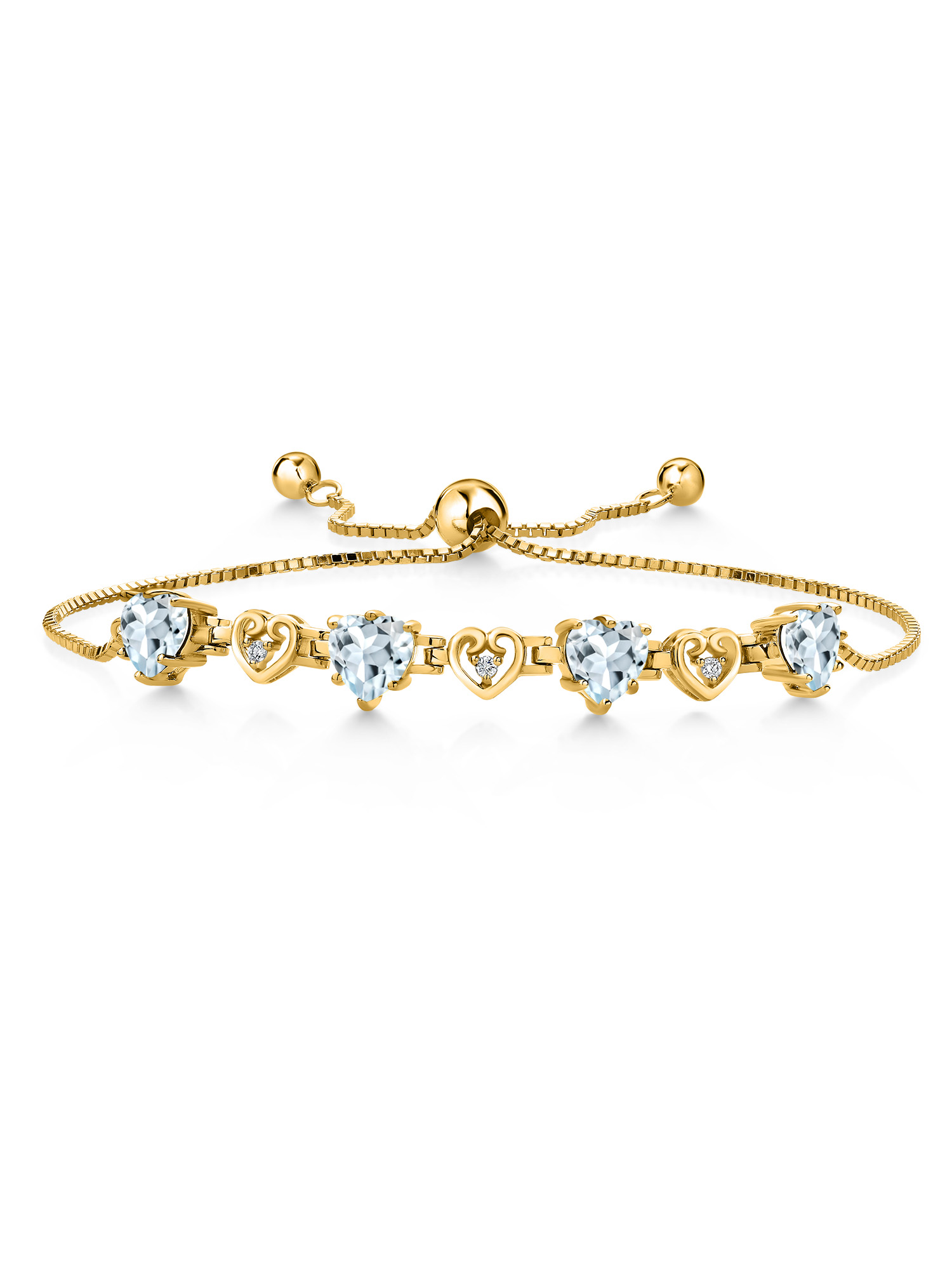 18K Yellow Gold Plated Silver Sky Blue Aquamarine and White Lab Grown Diamond Bracelet For Women (2.96Cttw, Gemstone March Birthstone, Heart Shape 6X6MM, Fully Adjustable Up to 9 inches)