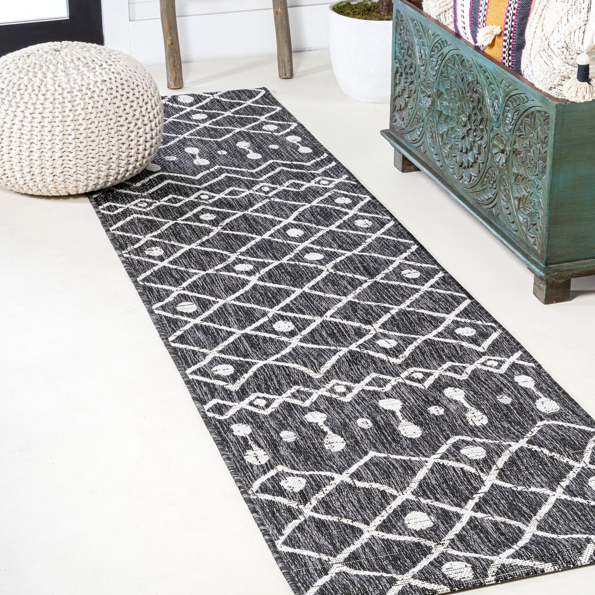 Nokat Tribal Bohemian Black/Ivory 2 ft. x 8 ft. Indoor/Outdoor Runner Rug