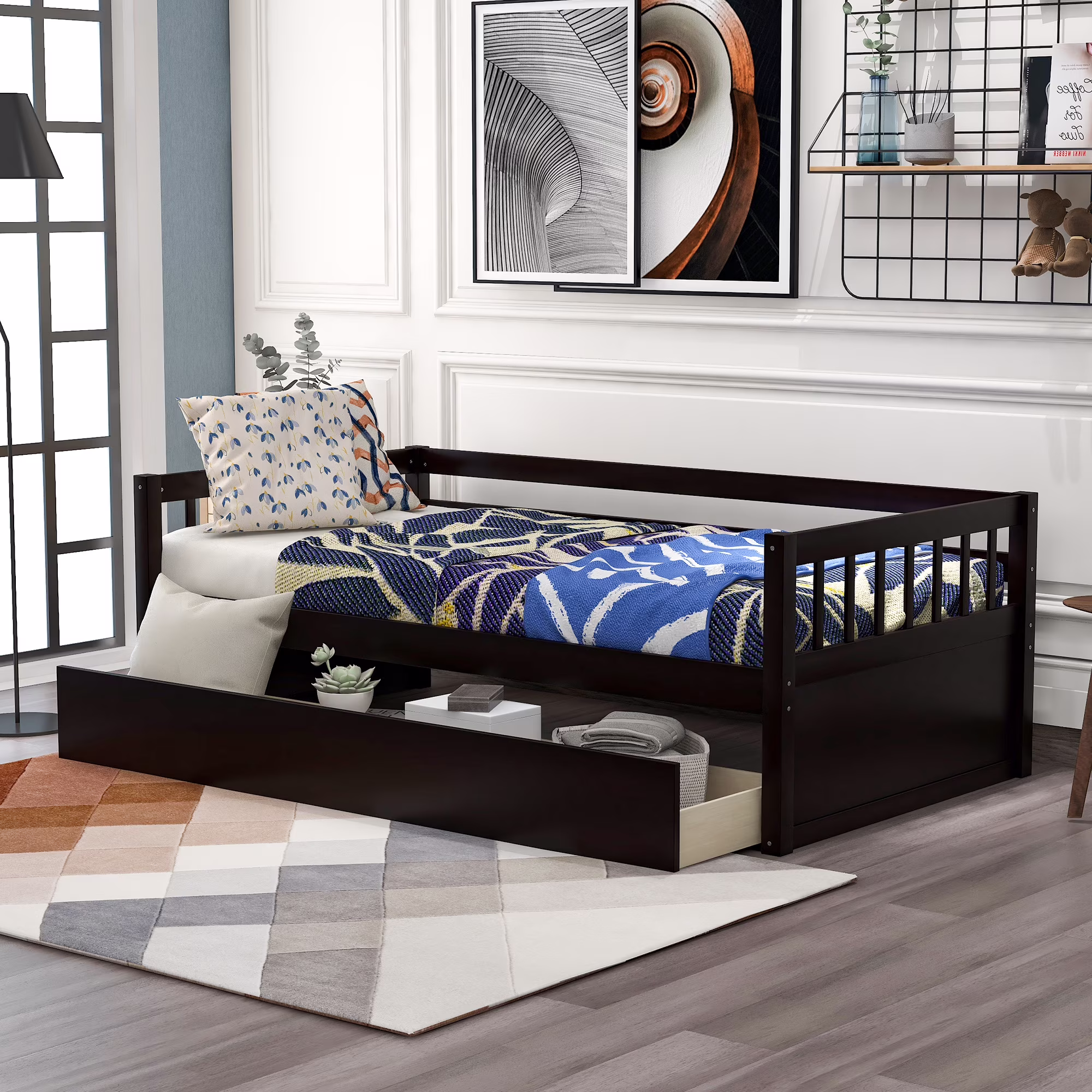 Euroco Twin Size Wooden Daybed with Large Storage Drawers, Espresso
