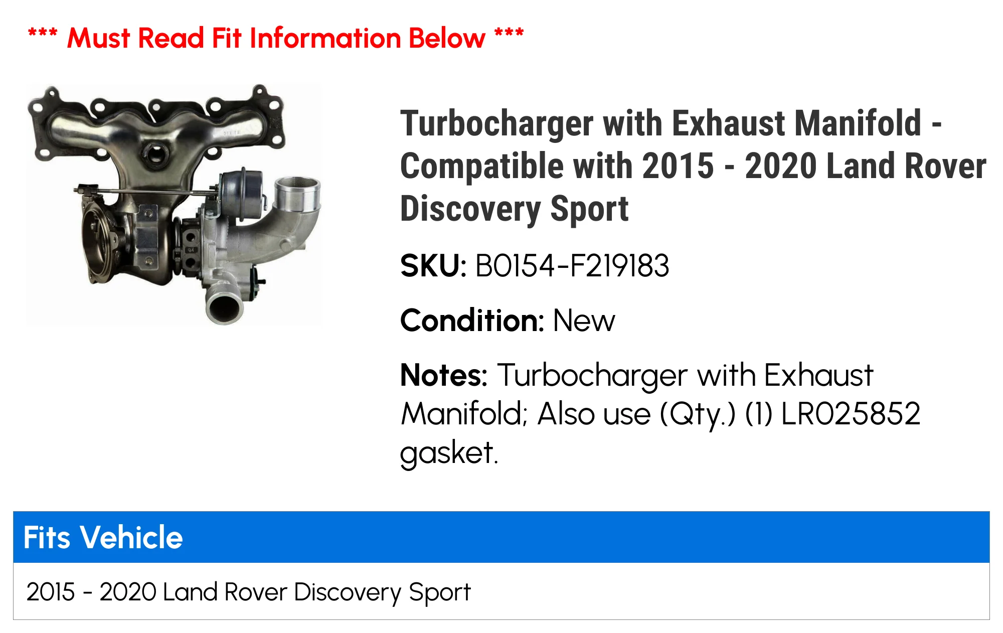 Turbocharger with Exhaust Manifold - Compatible with 2015 - 2020 Land Rover Discovery Sport 2016 2017 2018 2019