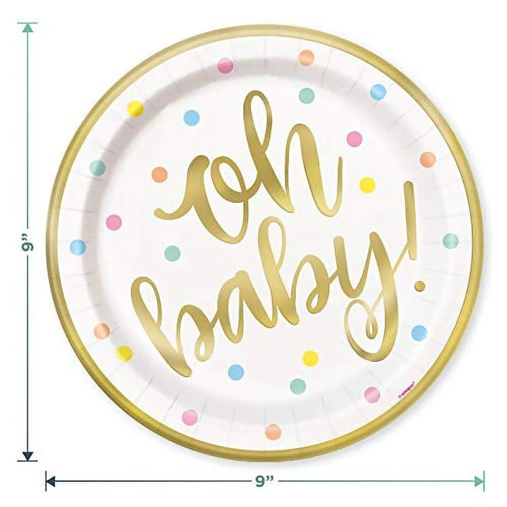 Oh Baby White and Gold Neutral Baby Shower Party Supplies - Paper Dinner Plates and Lunch Napkins (Serves 16)