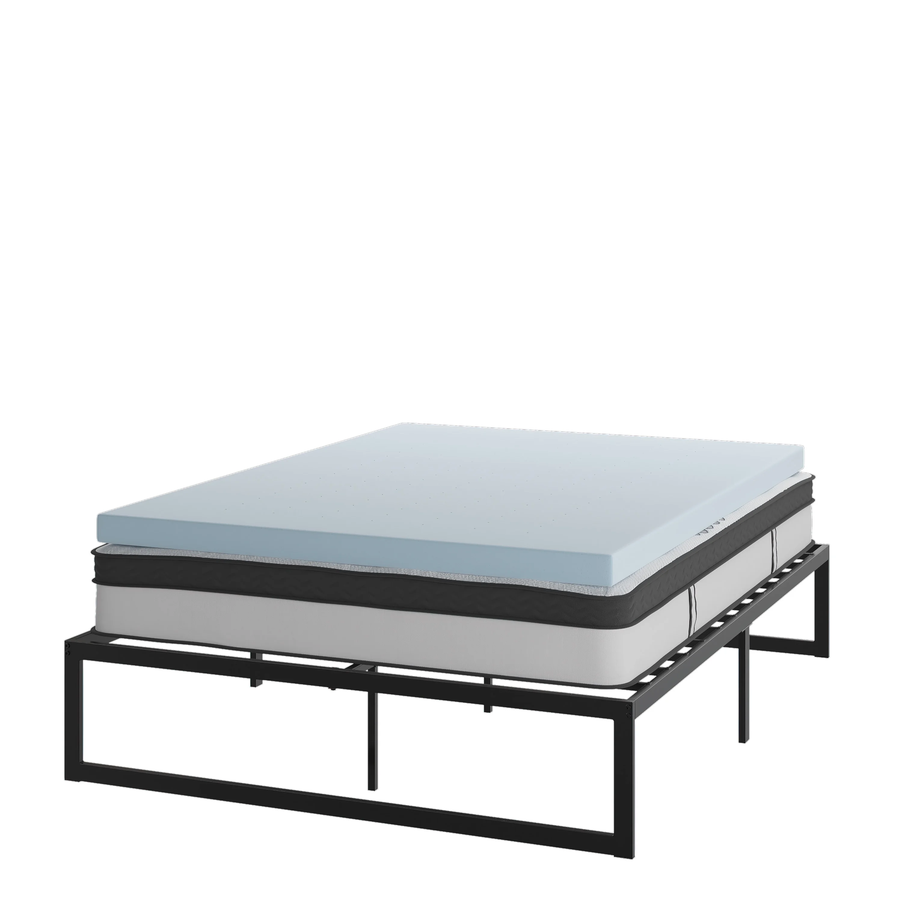 BizChair 14 Inch Metal Platform Bed Frame with 10 Inch Pocket Spring Mattress in a Box and 3 inch Cool Gel Memory Foam Topper - Queen