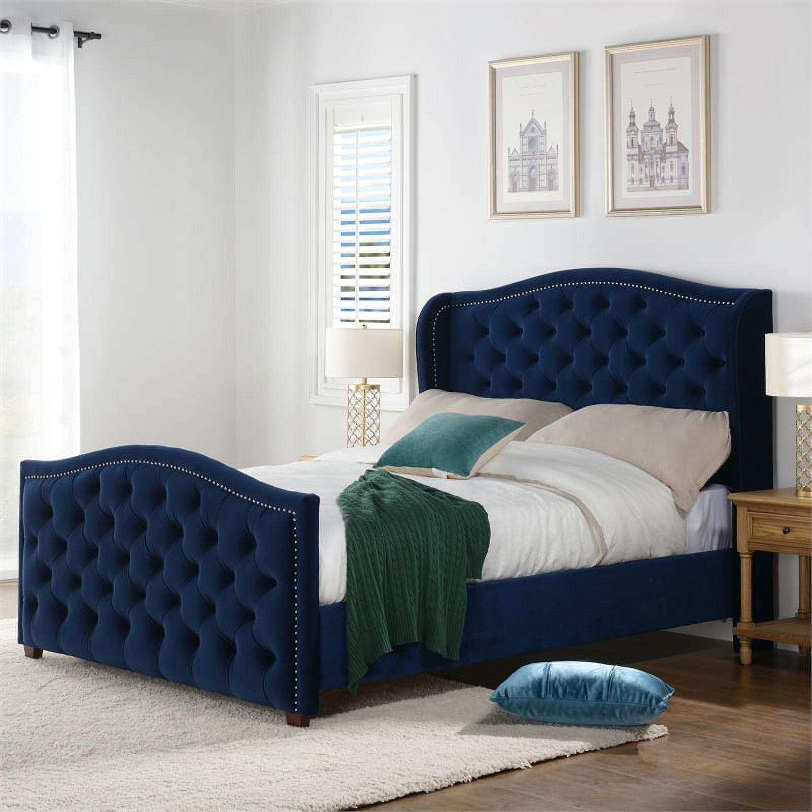 Maklaine Modern Hardwood Tufted Wingback Queen Bed in Navy Blue