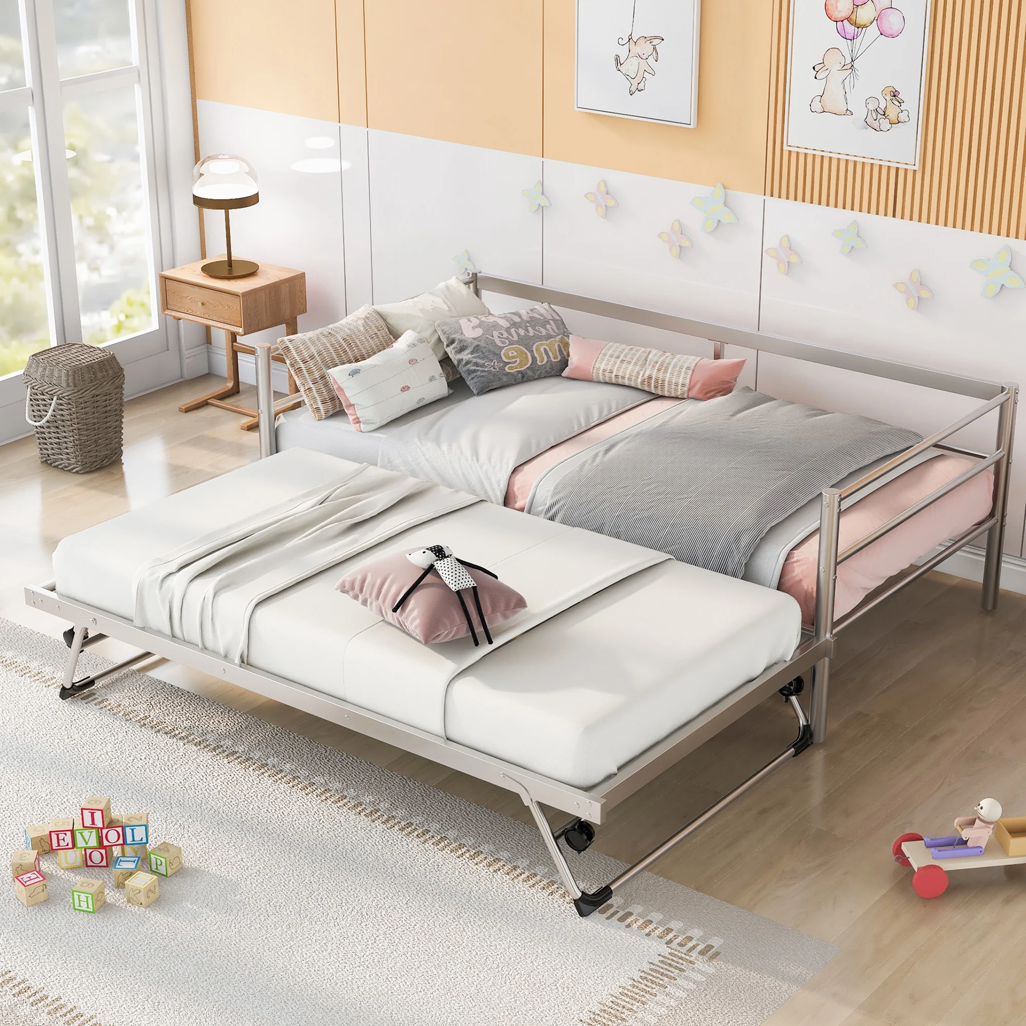 Kuurfuurdo Metal Daybed with Trundle, Twin Size Steel Daybed Frame with Pull up Trundle, Silver