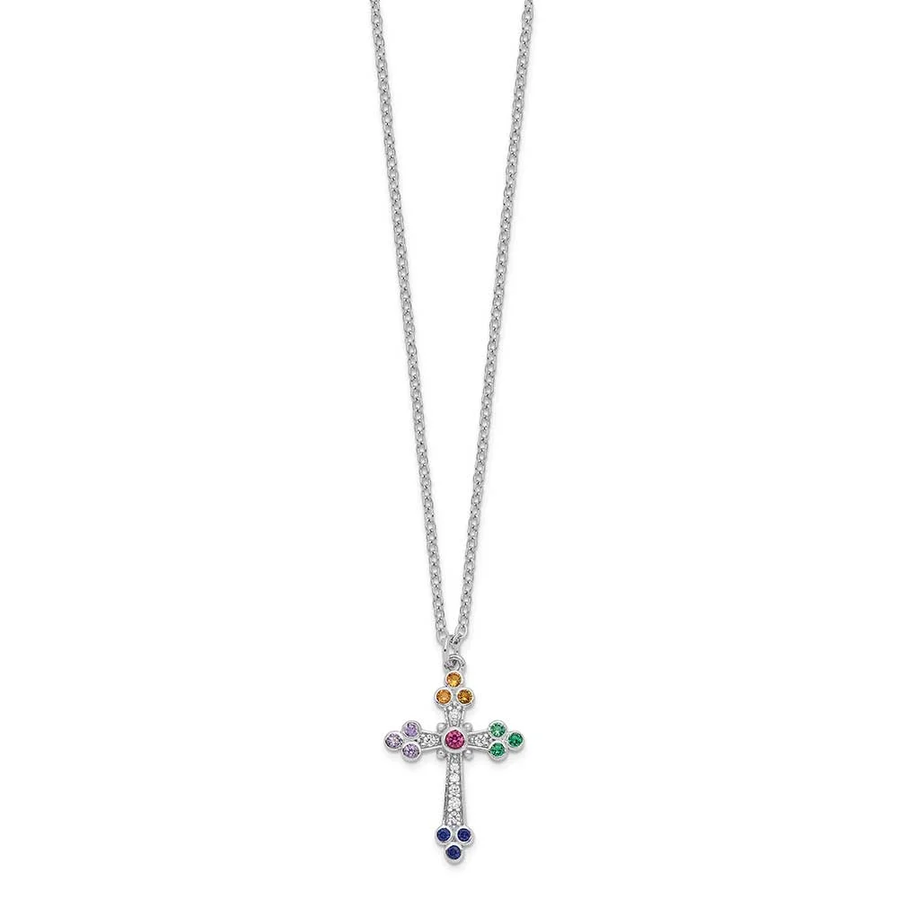 Sterling Silver Rhodium-plated Polished Multi-color CZ Cross Necklace