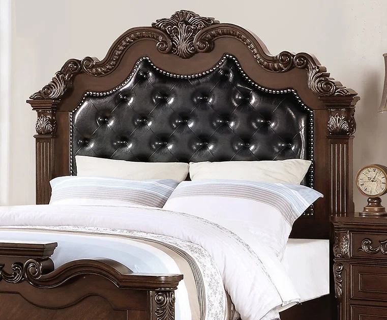 Dark Brown Eastern King Size Bed Faux Leather Tufted Headboard Floral Design Bedframe Bedroom 1pcs bed