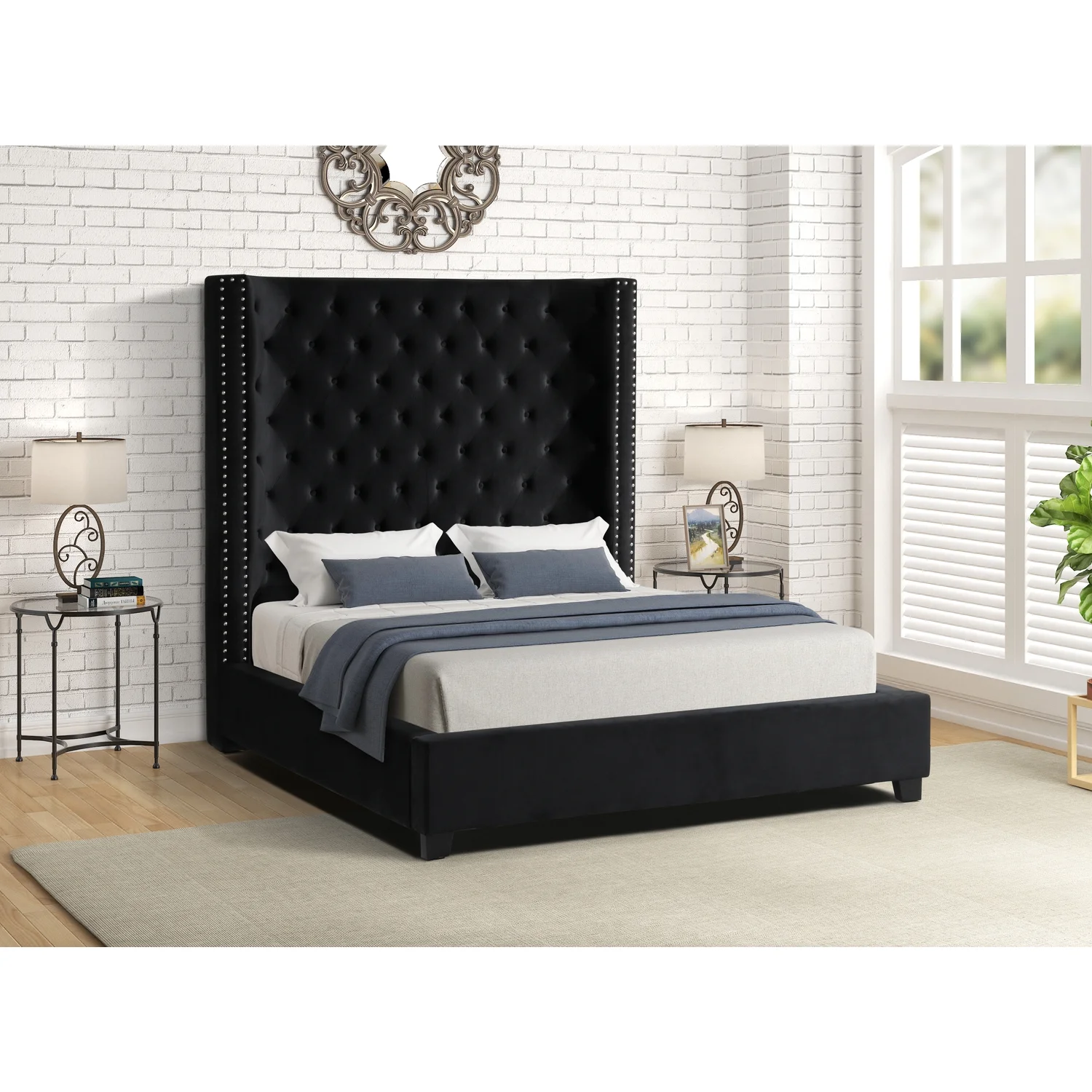 Yvonne Velvet Upholstered King Platform Bed in Black