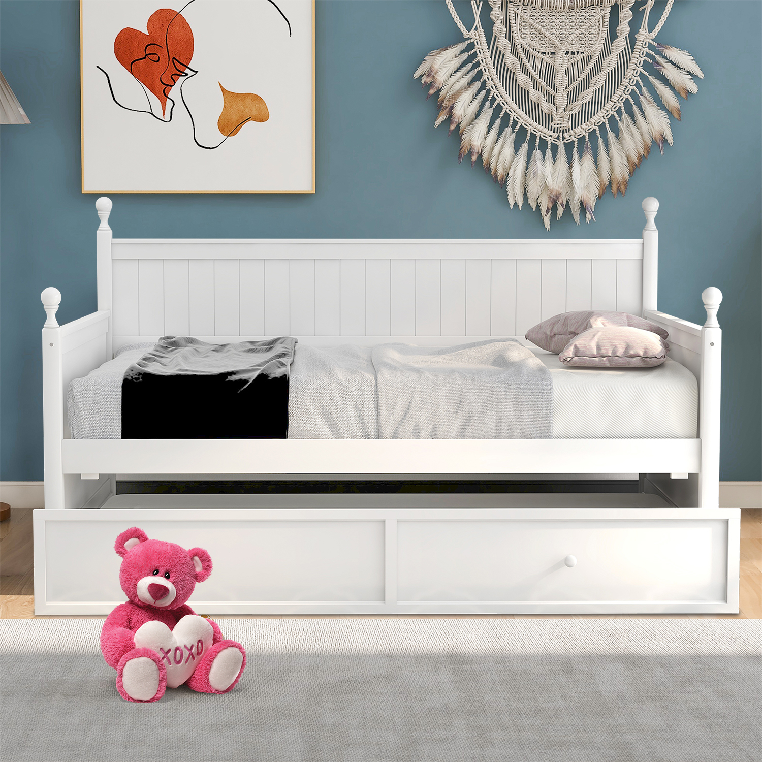 Modern and Classic Style Twin Size Wood Daybed with A Trundle, White
