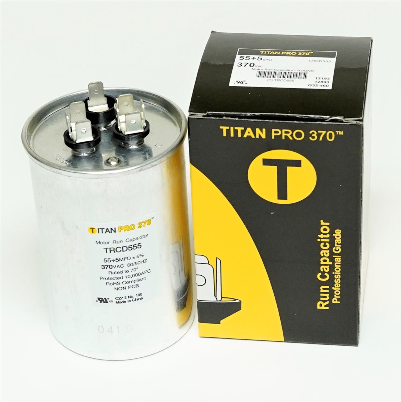 TitanPro 55\/5-370R TitanPro TRCD555 HVAC Round Dual Motor Run Capacitor. 55/5 MFD/UF 370 Volts