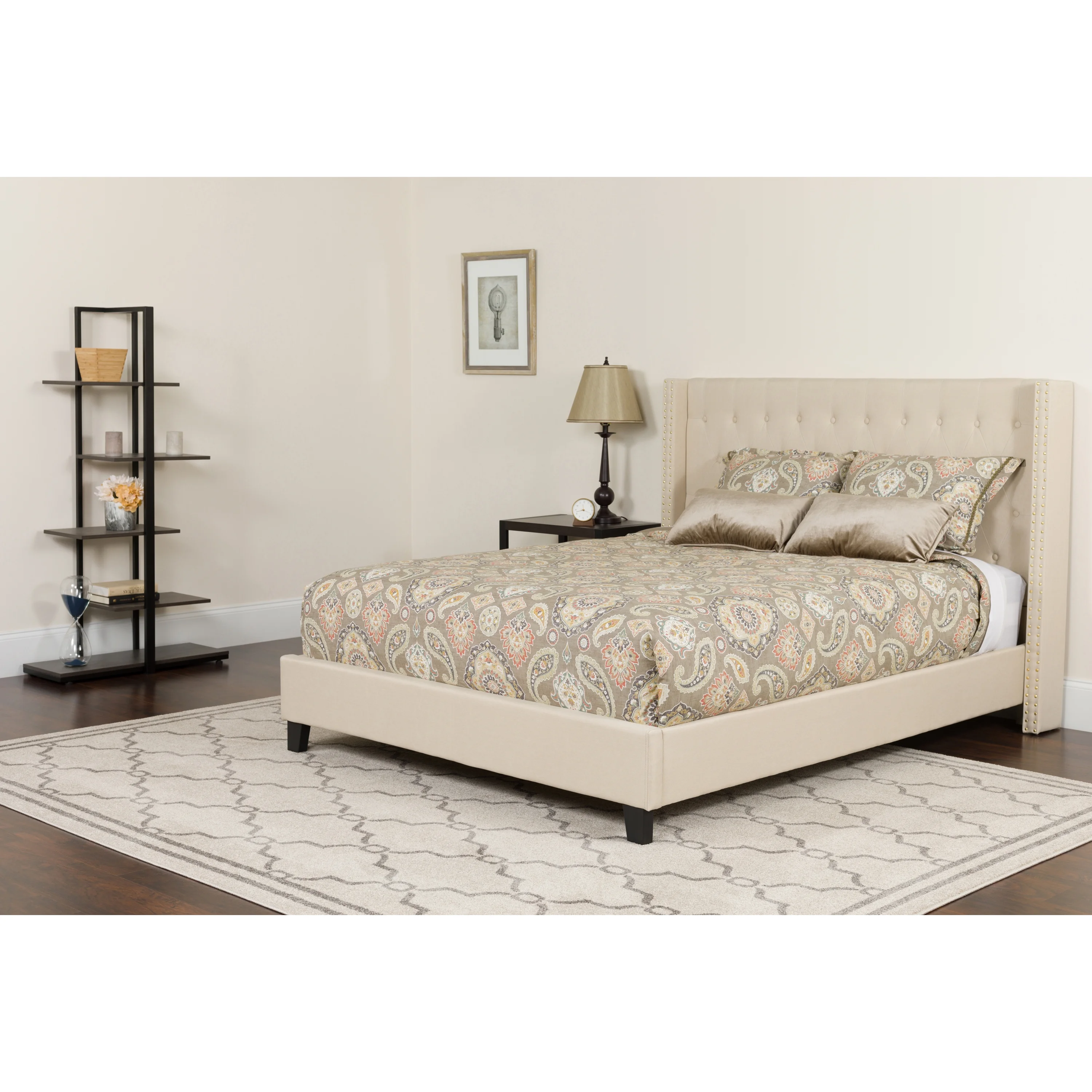 Flash Furniture Riverdale King Size Tufted Upholstered Platform Bed in Beige Fabric with Memory Foam Mattress