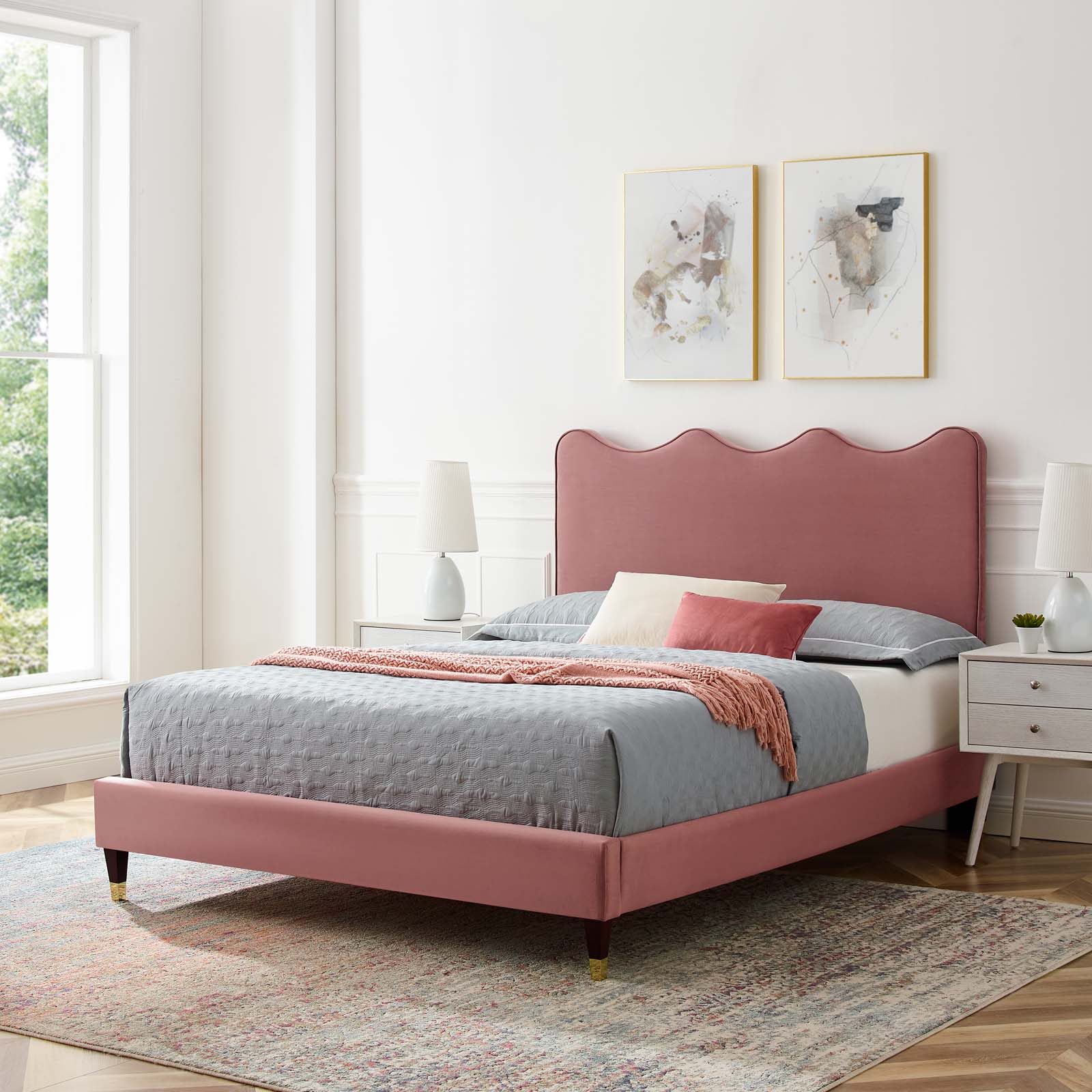 Modway Current Performance Velvet Twin Platform Bed in Dusty Rose