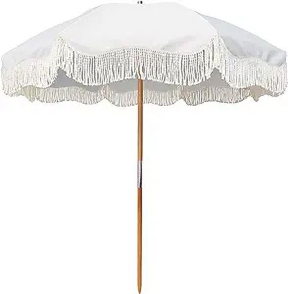 AMMSUN 6.5ft Boho Fringe Beach Umbrella with Tassel Premium Wood Pole UPF50+ UV Protection,White