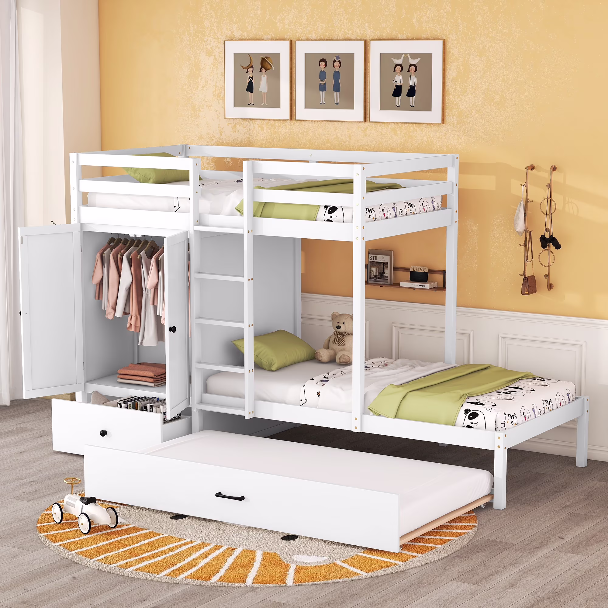 Churanty Twin Over Twin Bunk Bed with Wardrobe Space and Trundle, L-Shape Bunk Beds with Storage Drawers and Shelves for Kids Boys Girls,White