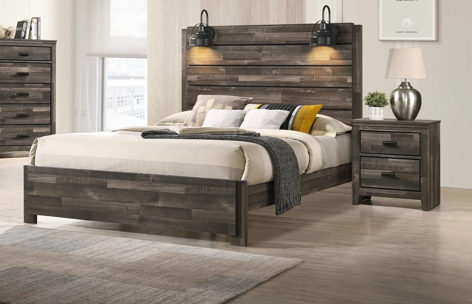 Contemporary Rustic Brown Finish Queen Size 3Pc Panel Built in Lighting Headboard Bed and Nightstand Set Wooden Bedroom Furniture