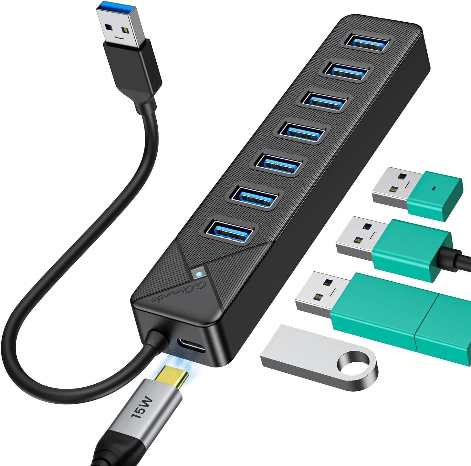 Multi USB Port Hub, 0.5ft Short Cable with Extra USB-C 5V/3A Power Port, 7-Port USB Adapter, USB3.0 Multiple