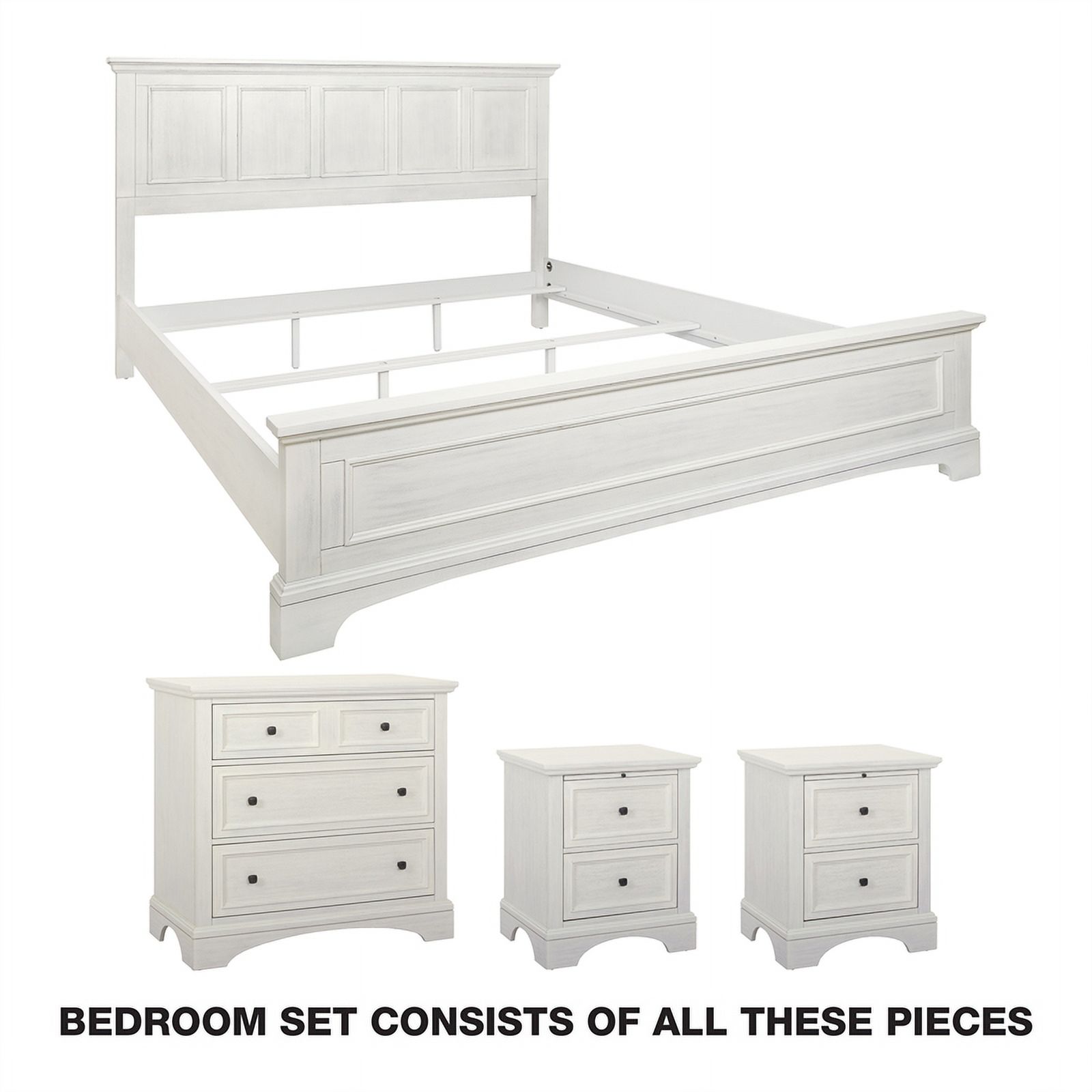 Farmhouse Basics Bed King 4pc. Bedroom Set in Rustic White Engineered Wood