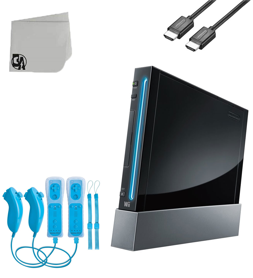 Nintendo Wii Black Gaming Console With 2 Waterblue Gaming Controller + HDMI Cable BOLT AXTION Bundle Like New
