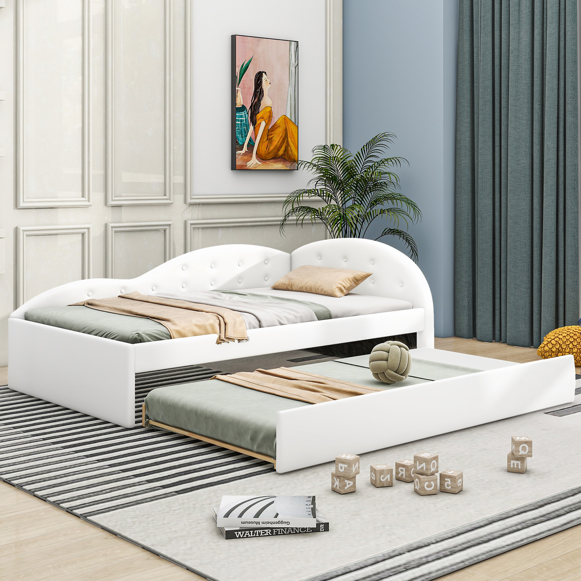 CoSoTower Twin Size PU Upholstered Tufted Daybed with Trundle and Cloud Shaped Guardrail, White