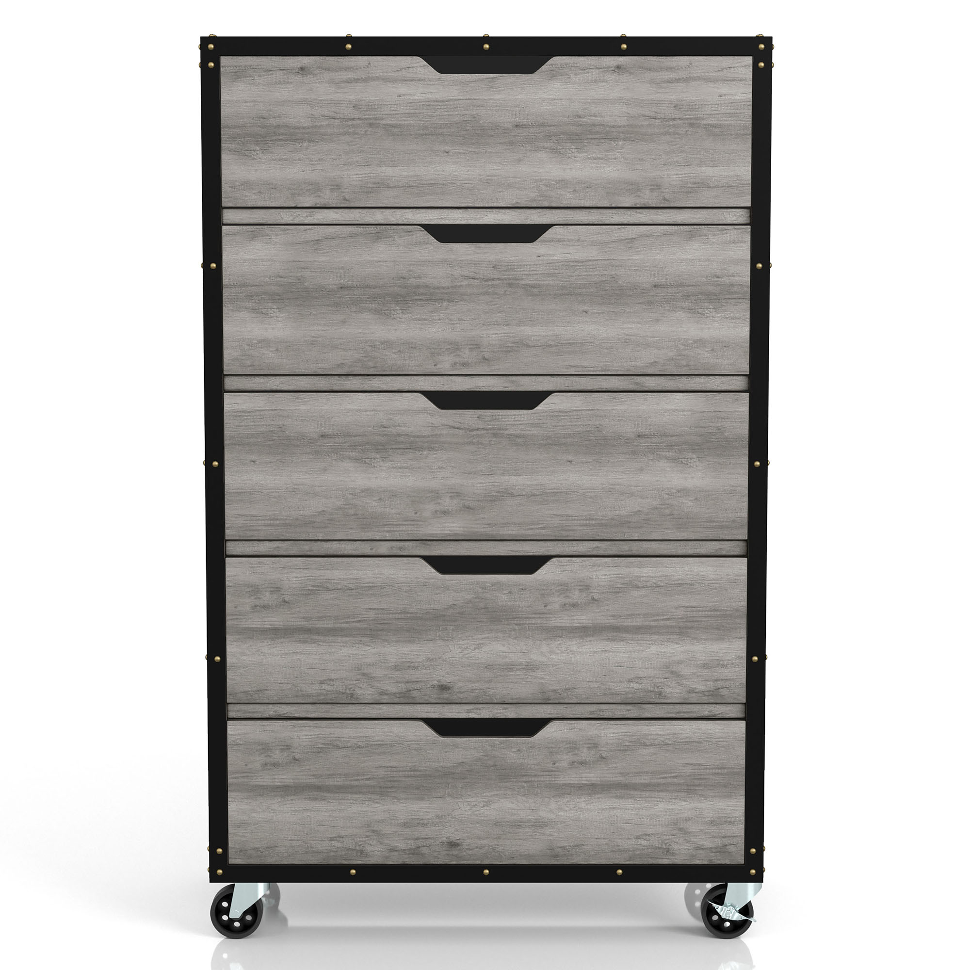 Furniture of America Birch Industrial 5-Drawer Dresser with Casters Wheels, Vintage Gray Oak Finish