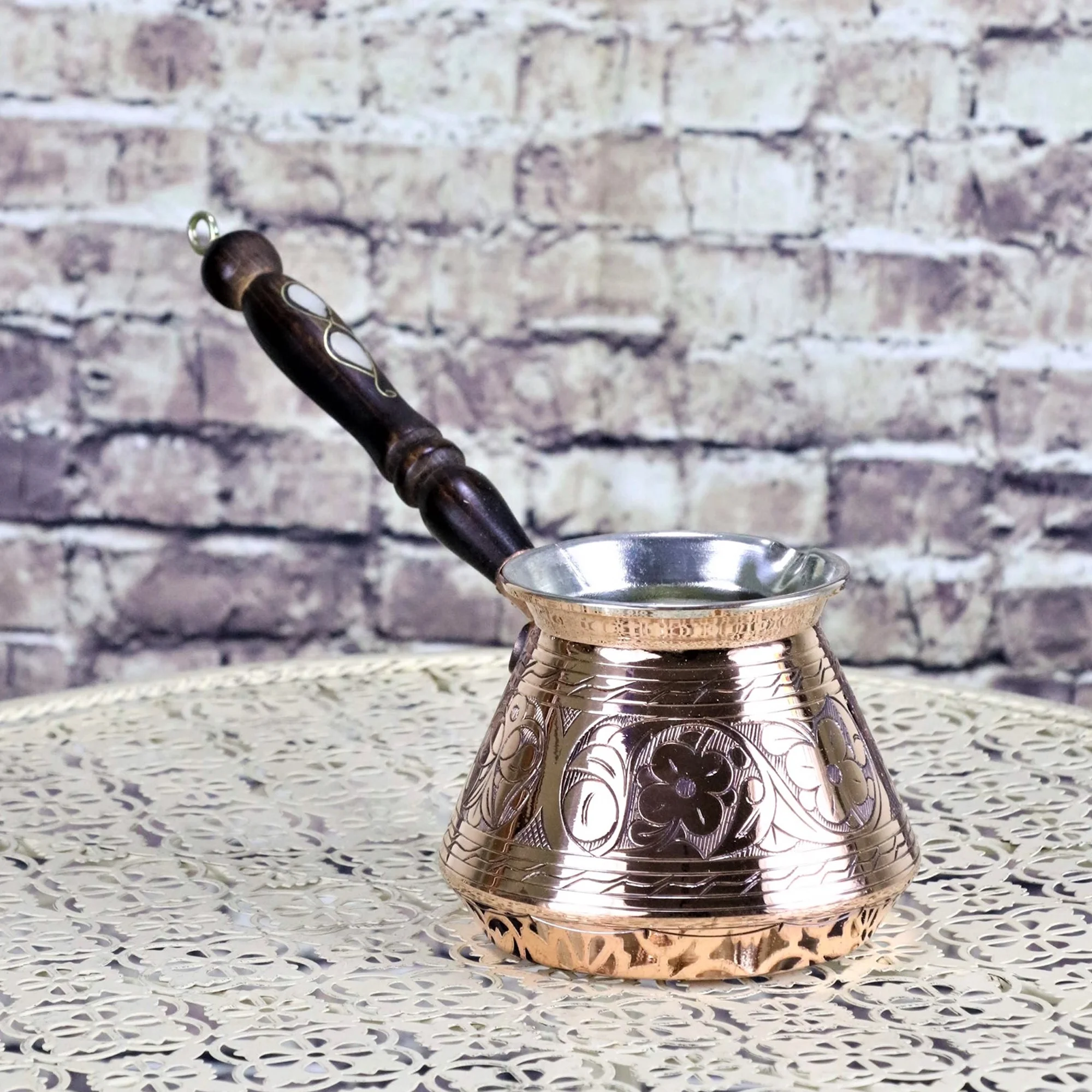 Hammered Copper Turkish Coffee Pot, Arabic Greek Stovetop Coffee Maker, Pearl Embedded Wooden Handle, 20 oz