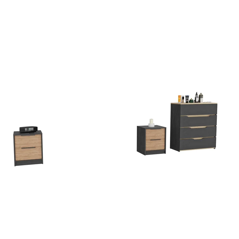 FM FURNITURE Blaine 3-Piece Bedroom Set with 2 Nightstands and Dresser, Black/Pine/Light Oak