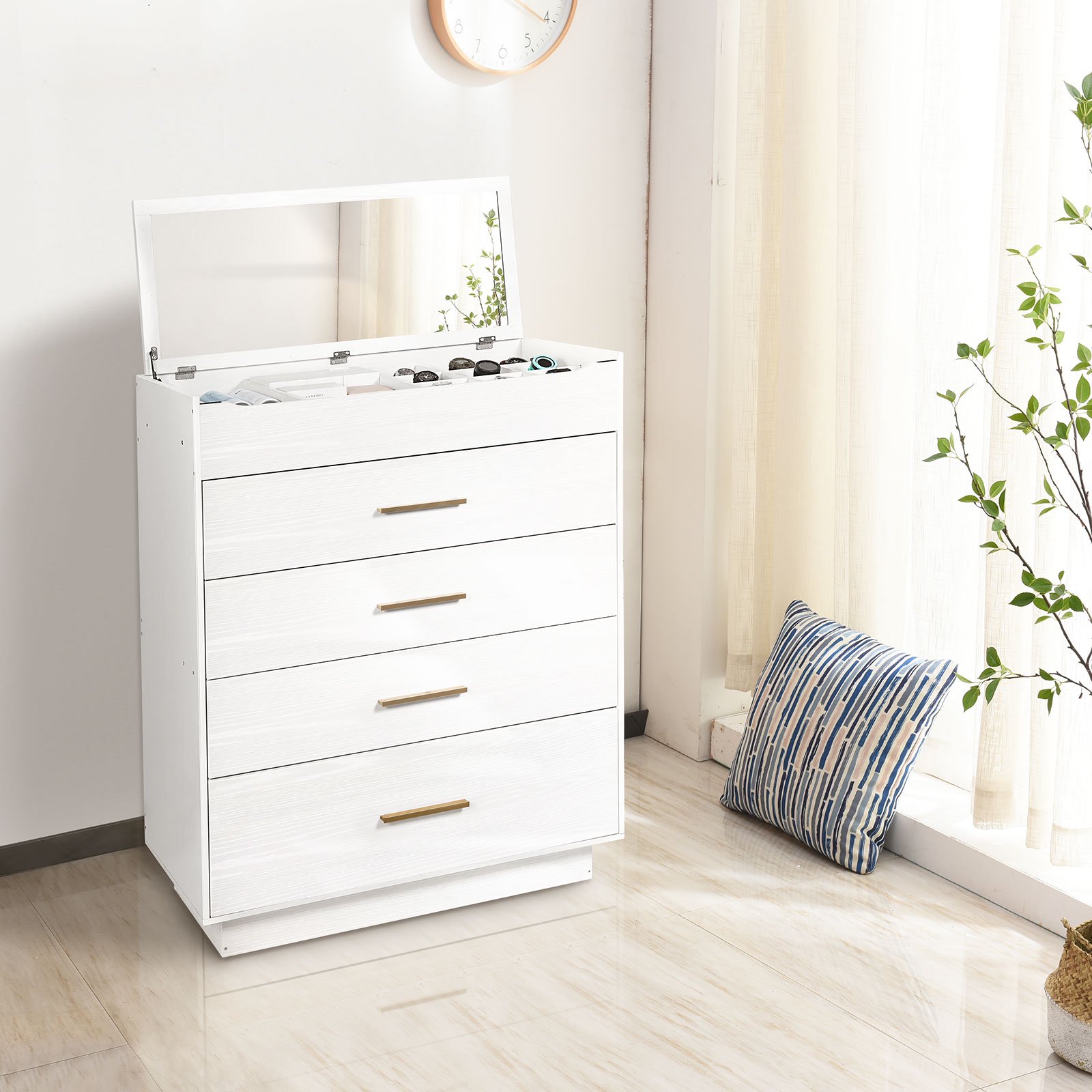 4 Drawer Chest of Drawers Wood Storage Tower Wardrobe Clothes Storage Bedroom Chest of Drawers(White)