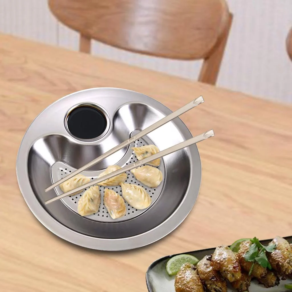 Stainless Steel Dumpling Plate with Dipping Saucer Platter Dinner Tray Japanese 28cm