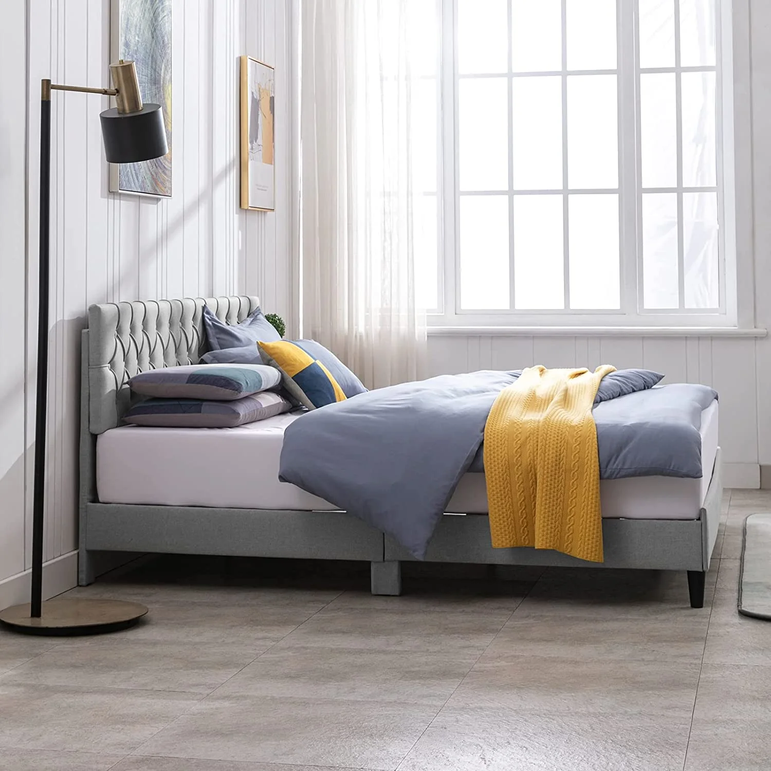 Mixoy King Size Platform Bed Frames,Upholstered Linen Bed Frame with Button Tufted Headboard,Wood Slat Support,Noise-Free, No Box Spring Needed,Easy Assembly(Light Grey)