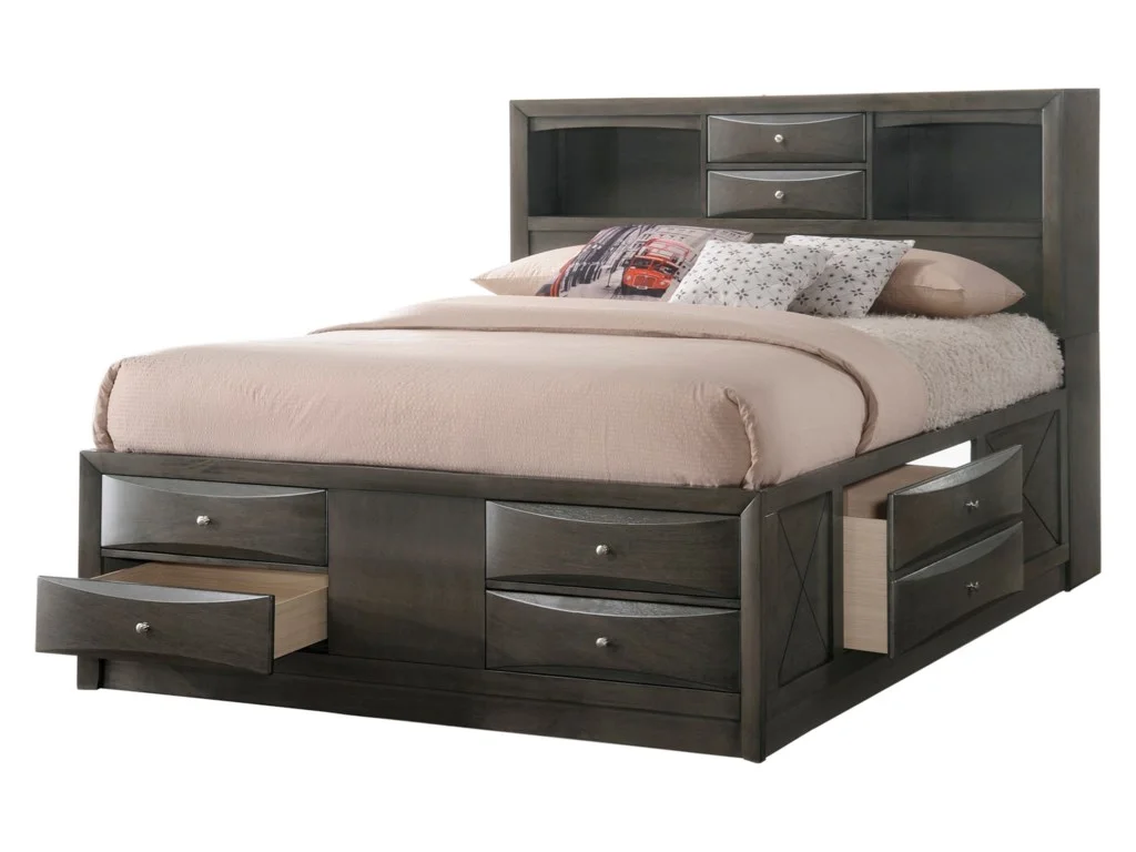 Contemporary Queen Size 6pc Master Bedroom Set Captains Bed Gray Finish Solid Wood Furniture