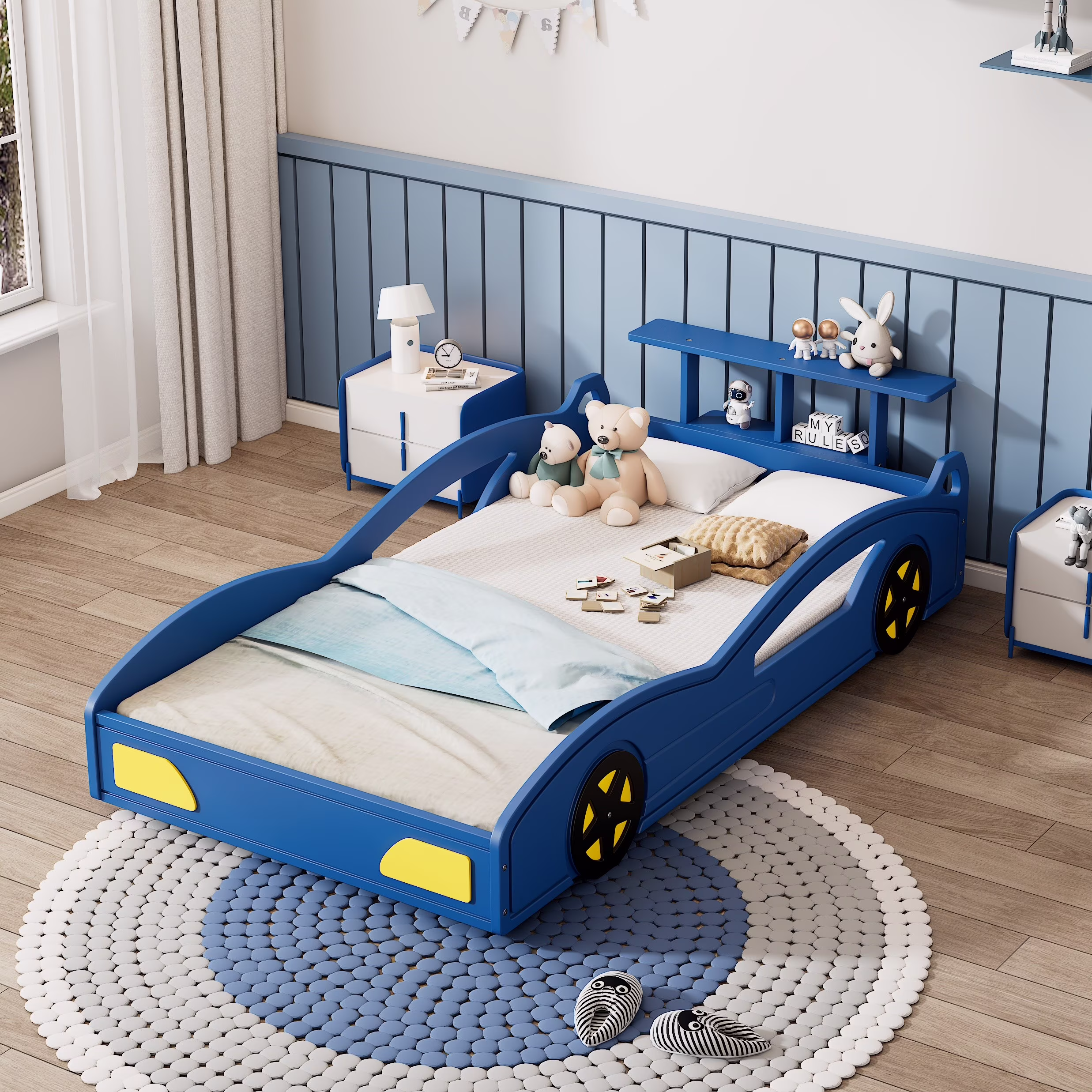 CoSoTower Wooden Race Car Bed,Car-Shaped Platform Twin Bed with Wheels for Teens,Blue & Yellow