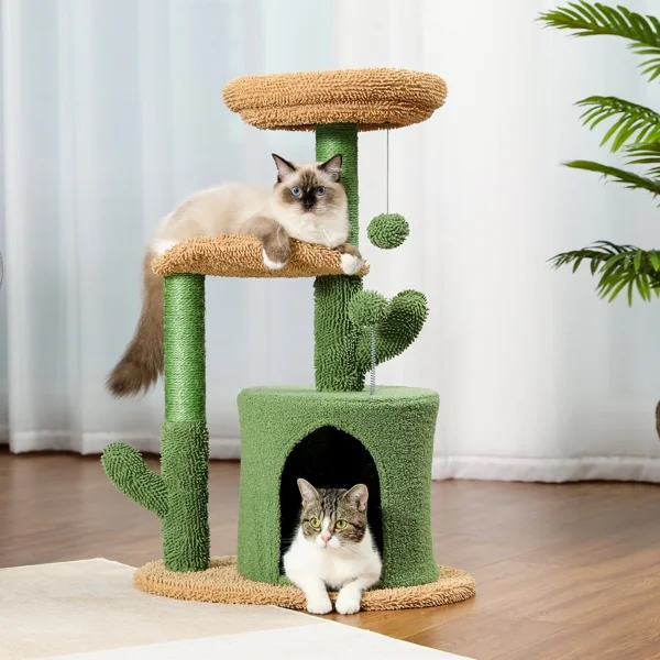 Fithood Cactus Cat Tree Cat Tower with Warmy Condo, Plush Perches, Sisal Scratching Post and Fluffy Balls for Small and Medium Cats