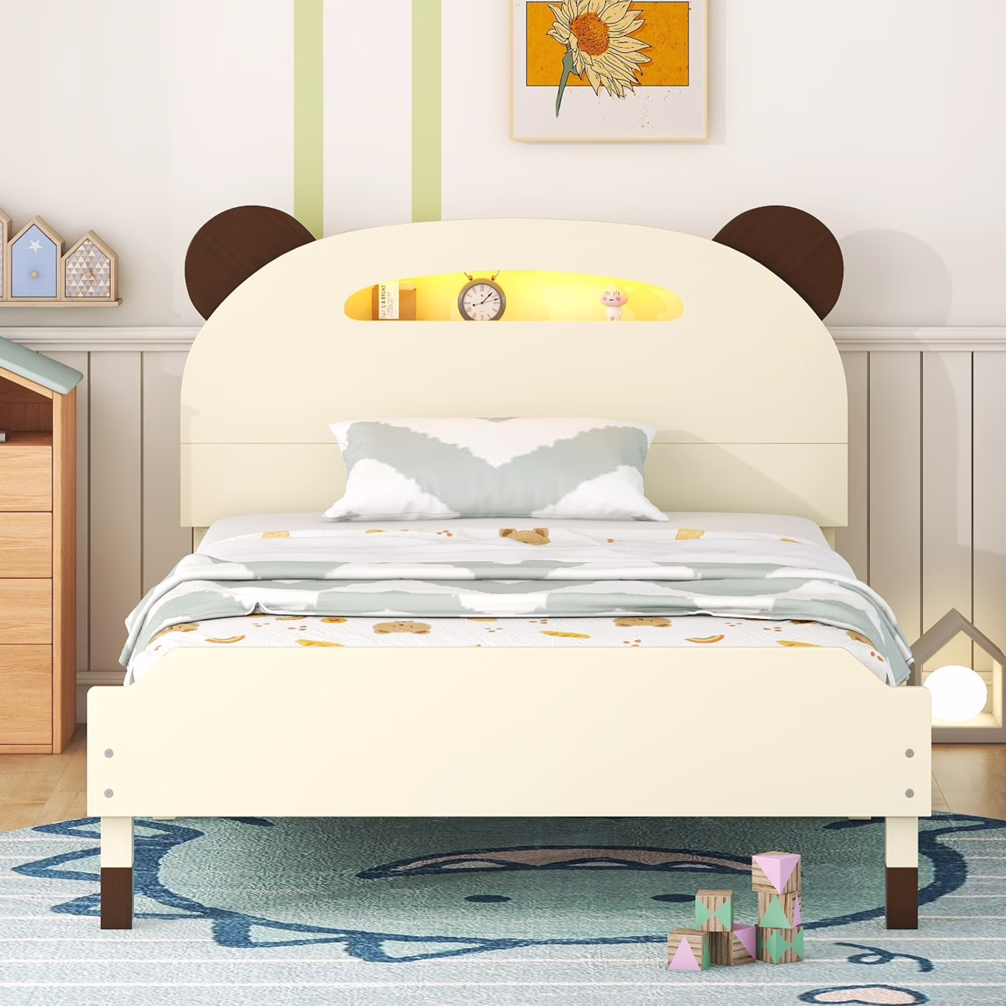 Bellemave Twin Size Platform Bed with Bear-shaped Headboard and Motion Activated Night Light Twin Wood Bed Frame with Light and Storage for Kids, Teens, No Box Spring Needed, Cream