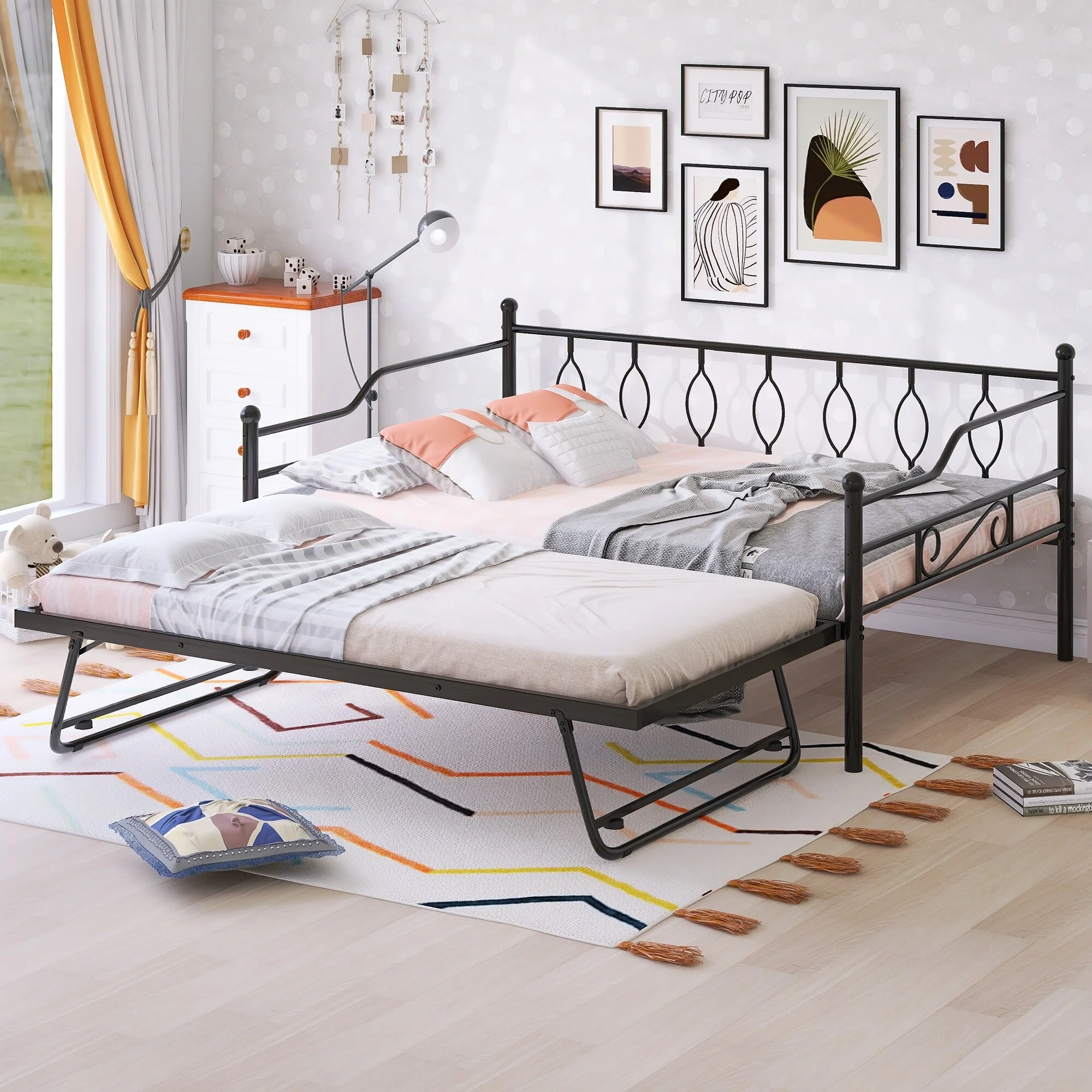 Nestfair  Full Size Metal Daybed with Twin Size Adjustable Trundle White