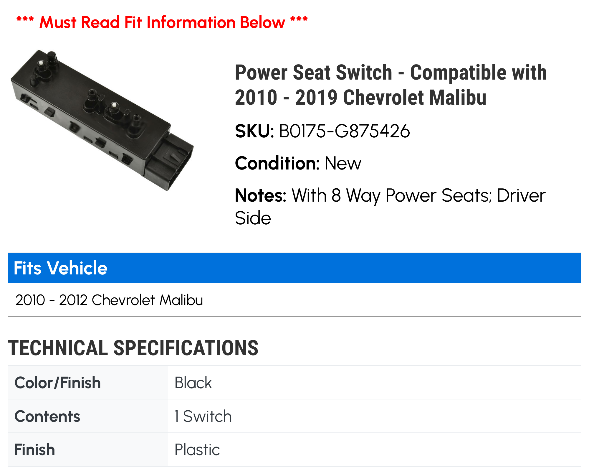 Power Seat Switch - Compatible with 2010 - 2019 Chevy Malibu 2011 2012