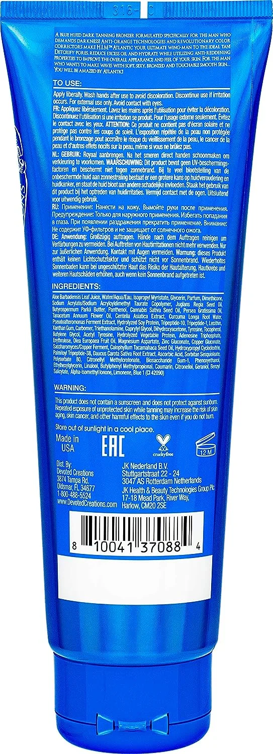 New Devoted Creations H.I.M Atlantic Tanning Lotion - Blue Hued Anti-Orange Color Correcting Bronzer - Oil Absorbing + Tattoo Protecting + Ultra-Dark Tanning Formula 8.5 oz.