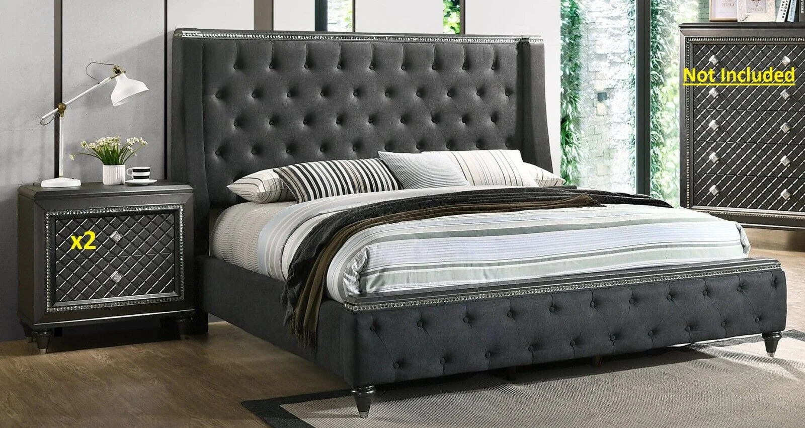 Modern Glam Style 3pc Queen Size Bedroom Set Grey Upholstered Panel Bed and 2x Nightstands Bedroom Furniture