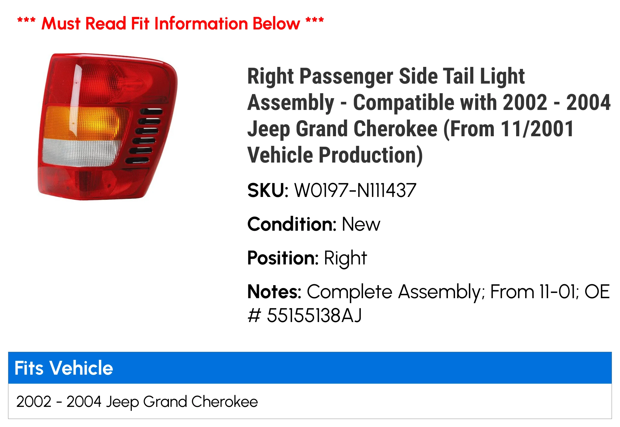 Right Passenger Side Tail Light Assembly - Compatible with 2002 - 2004 Jeep Grand Cherokee (From 11/2001 Vehicle Production) 2003