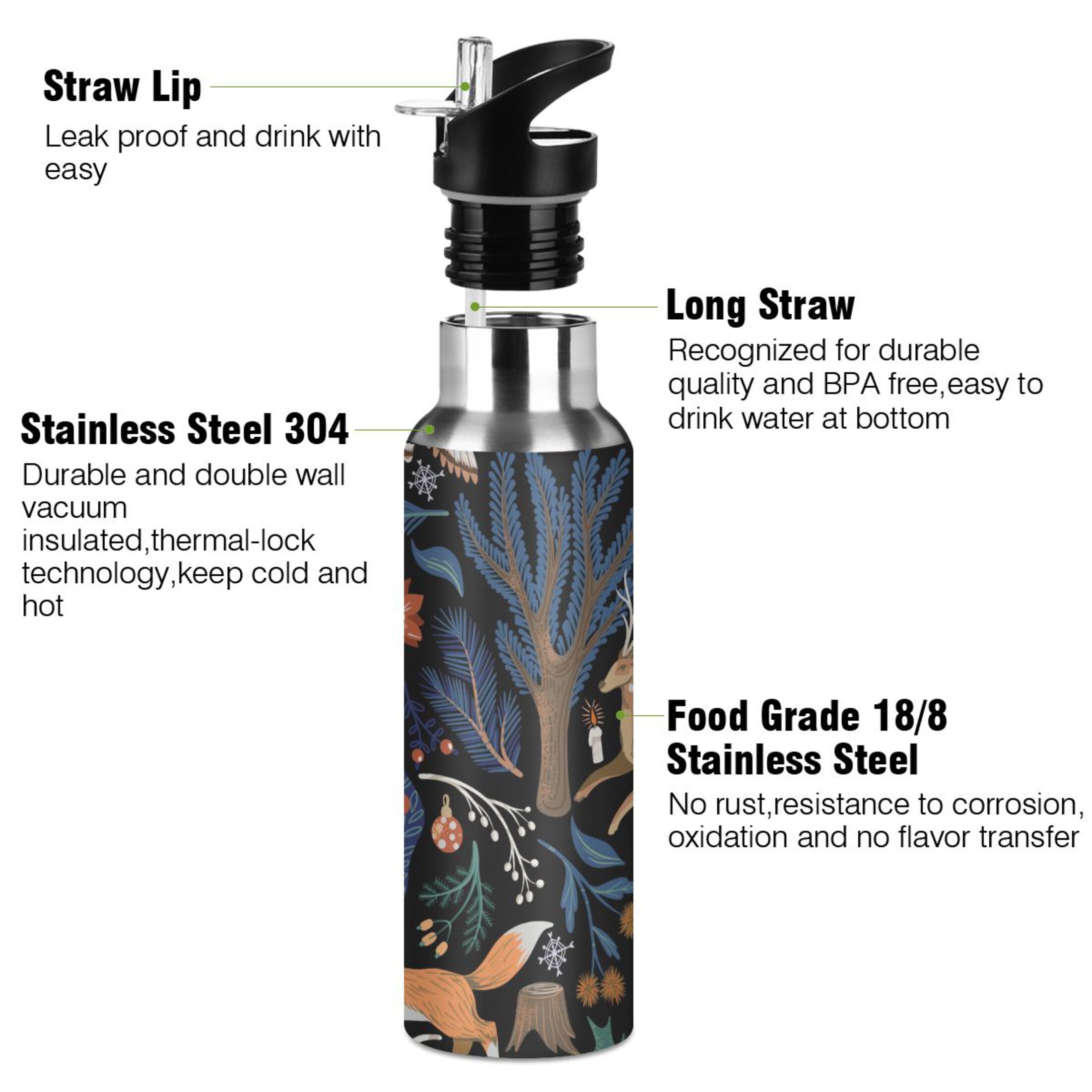 Water Bottle with Straw Lid Leak Bird Deers Fox Christmas Stainless Steel Insulated Thermos Vacuum Flask for Cold Hot Drinking for Sports Camping Gym Yoga