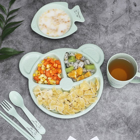 Wheat Straw Dinnerware Sets Kids Bowls Tableware Set by AKYLAR, All Natural Light and Super Strong Dishes - Freezer, Microwave & Dishwasher Safe (Green, FishDesign)